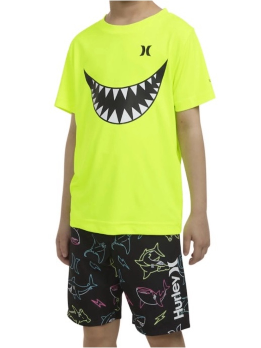 NEW Youth 14/16 Hurley Neon Sharkbite‎ H20-Dri Rashguard Tee & Swim Trunks Set